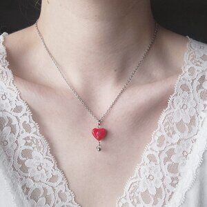 Vintage Antique red heart necklace ✦ 70s cottage flower silver necklace ✦